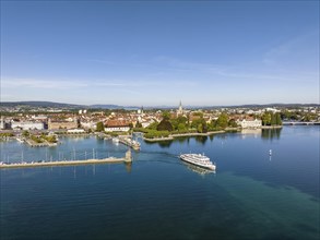 Aerial view of Lake Constance with the harbour of Constance and the departing cruise ship MS Swabia of the Lake Constance-Schiffsbetriebe