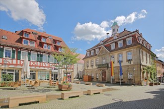 Market place with half-timbered house and town hall with German national flag and EU flag