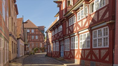 Half-timbered houses on the Elbstrasse in the old town of Lauenburg on the Elbe. Duchy of Lauenburg