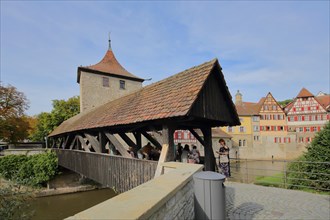Sulfer Bridge over the Kocher to the historic Sulfer Tower and half-timbered houses