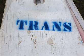 Painted blue Trans word on white wooden surface