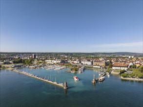 Aerial view of Lake Constance with Constance harbour and the departing motor vessel