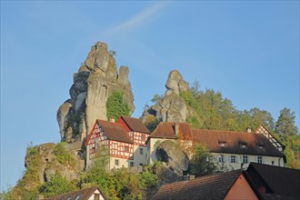 Rock formation Zechenstein and half-timbered houses