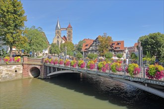 Agnes Bridge over the Rems with Gothic Town Church St. Dionys River