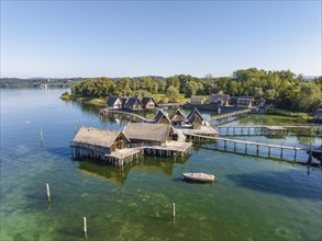 Aerial view of the reconstructed pile dwellings on the shore of Lake Constance