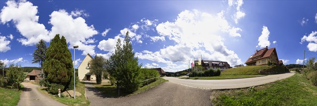 360 degree panorama with the entrance to the Oberbiederbach pilgrimage church and the Biederbach village thoroughfare. Emmendingen District