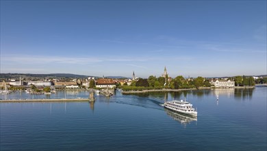 Aerial panorama of Lake Constance with the harbour of Constance and the departing cruise ship MS Swabia of the Lake Constance-Schiffsbetriebe