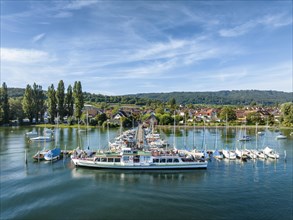 Aerial view of the jetty and marina of the Lake Constance municipality of Iznang on the Hoeri peninsula with the cruise ship MS Reichenau