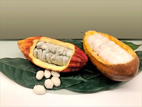 Cocoa beans in an opened cocoa pod
