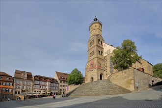 Market square with stairway to the Gothic St. Michael's Church