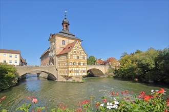 Historic Old Town Hall on the Regnitz with stone arch bridge