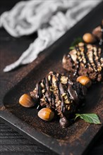 High angle chocolate nut brownies tray