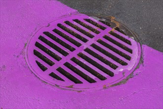Purple painted sewer cover and asphalt surface