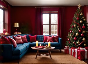 AI generated art: cosy living room with christmas tree and presents