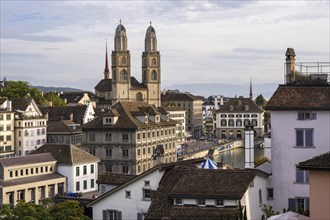 View from the Lindenhof to Grossmünster and the roofs of the old town of Zurich