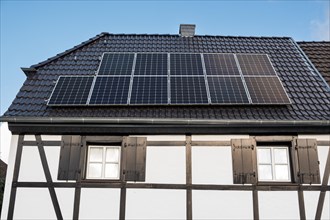 Solar panel on a roof of a half-timbered house in Düsseldorf