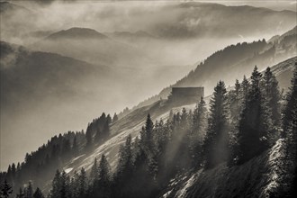 Mountain landscape. The building of the mountain station on the Hochgrat in autumn in the evening with fog and backlight. Oberstaufen