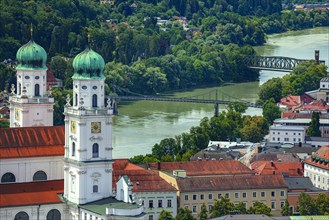 View of St. Stephen's Cathedral and the Inn River from above in Passau