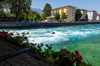 Kayak on River Aare in City of Thun in a Sunny Summer Day