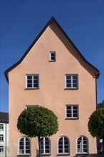Pointed gable façade in pink with round-cut tree