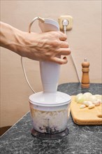 Grinding onions and garlic in a blender