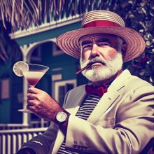Portrait of famous writer spy illustration drinking his cocktail in key west