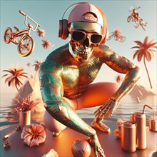 Steampunk skater fashionable cool metallic deejay alien mariachi hosting party in tropical island generative ai art