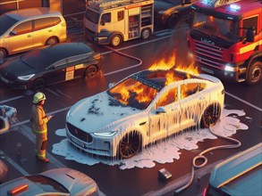 Burned melted ev electric car