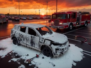 Burned melted ev electric car