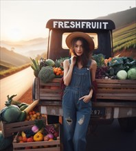 Young female farmer selling vegetable and fruit produce on vintage truck on the side of the road at sunrise