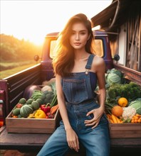 Young female farmer selling vegetable and fruit produce on vintage truck on the side of the road at sunrise