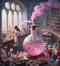 Artisan alchemist perfume potion maker pharmacist preparing product in medieval steampunk laboratory generative ai art