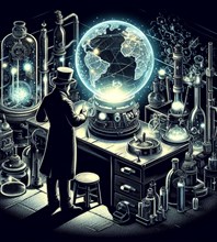 Steampunk alchemist magician artisan god mechanic in lab check repair planet health as earth day concept illustration generative ai art