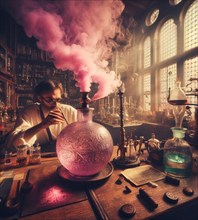 Artisan perfume potion maker pharmacist preparing product in medieval steampunk laboratory generative ai art