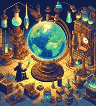 Steampunk magician artisan god mechanic in lab check repair planet health as earth day concept illustration generative ai art