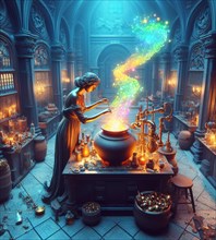 Artisan perfume potion alchemist maker pharmacist preparing product in medieval steampunk laboratory generative ai art