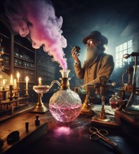 Artisan perfume potion maker pharmacist preparing smoking product in medieval steampunk laboratory generative ai art