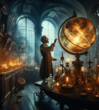 Steampunk magician artisan god mechanic in lab check repair planet health as earth day concept illustration generative ai art