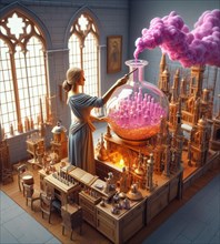 Artisan alchemist perfume potion elixir maker pharmacist preparing product in medieval steampunk laboratory generative ai art