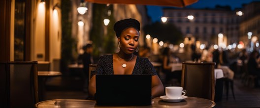 Adult young woman remote working with laptop in a bistro outdoors at sunset generative ai art