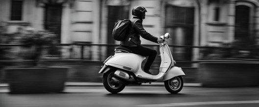 Italian elegant man wearing suit and tie driving moped vintage scooter in Rome Italy at sunset traditional urban scene