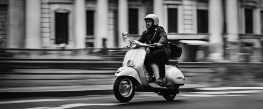 Italian elegant gentle man driving moped vintage scooter in Rome Italy at sunset traditional urban scene