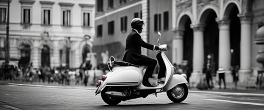 Italian elegant man wearing suit and tie driving moped vintage scooter in Rome Italy at sunset traditional urban scene