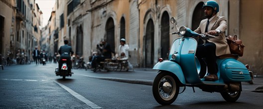Person driving scooter in Rome Italy at sunset traditional urban scene