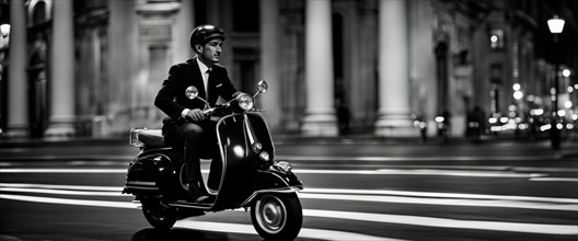 Italian elegant man wearing suit and tie driving vespa moped vintage scooter in Rome Italy at sunset traditional urban night scene