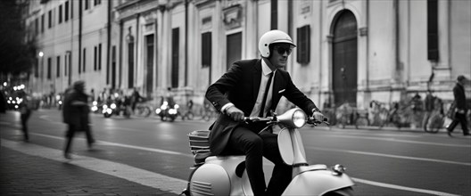 Italian elegant man wearing suit and tie driving vespa moped vintage scooter in Rome Italy at sunset traditional urban scene