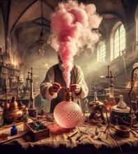 Artisan perfume alchemist elixir potion maker pharmacist preparing product in medieval steampunk laboratory generative ai art