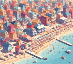 Isometric 3d render of a touristic happy colored crowded village at the sea in summertime