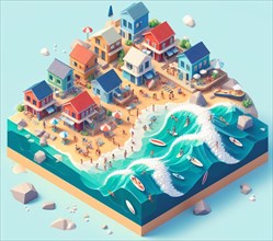 Isometric 3d render of a touristic happy colored crowded village at the sea in summertime