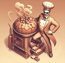 Glamourous chef in steampunk kitchen with windiwn natural light cooking posing dancing singing illustration generated ai art